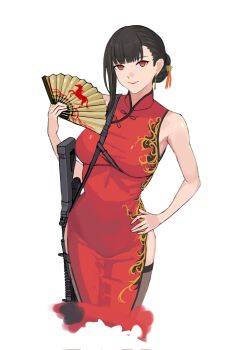 Rule 34 | 1girl, black hair, black thighhighs, breasts, china dress, chinese clothes, commentary, cropped legs, dress, folding fan, girls' frontline, girls' frontline 2: exilium, gun, hair bun, hand fan, hand on own hip, highres, holding, holding fan, large breasts, long hair, looking at viewer, qbz-191 (girls' frontline), qiongjiu (girls' frontline 2), red dress, red eyes, seilindekos, simple background, single sidelock, sleeveless, sleeveless dress, solo, thighhighs, weapon, white background