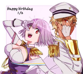 Rule 34 | 1boy, 1girl, blonde hair, blue eyes, braid, breasts, cleavage, dark-skinned male, dark skin, epaulettes, frills, gloves, gridman universe, gridman universe (movie), happy birthday, hat, large breasts, long sleeves, looking at viewer, open mouth, purple hair, red eyes, risyo, shinjou akane, shinjou akane (new order), shirt, short hair, sizumu, smile, ssss.dynazenon, white gloves, white headwear