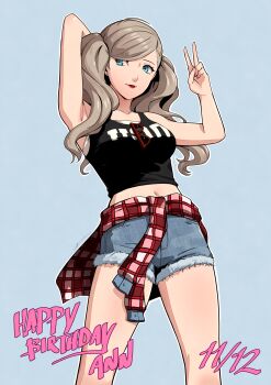 Rule 34 | 1girl, arm behind head, arm up, armpits, black tank top, blonde hair, blue background, blue eyes, breasts, clothes around waist, cowboy shot, denim, denim shorts, eightyfourart, eyewear hang, happy birthday, highres, looking at viewer, medium breasts, midriff, navel, persona, persona 5, red lips, shirt, shirt around waist, short shorts, shorts, simple background, solo, takamaki anne, tank top, thighs, twintails, unworn eyewear, v
