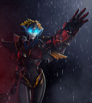 1girl 3d airplane_wing autobot blender_(medium) blue_eyes breasts highres humanoid_robot kevin_lumoindong mecha mecha_musume mechanical_wings medium_breasts metal_skin rain red_lips robot robot_girl solo transformers transformers_prime windblade wings