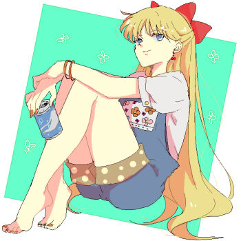 Rule 34 | 1girl, aino minako, bangle, barefoot, bishoujo senshi sailor moon, blonde hair, blue eyes, bow, bracelet, can, drink can, earrings, female focus, full body, half updo, hiki-wota, holding, holding can, hugging own legs, jewelry, long hair, nail polish, overalls, puffy short sleeves, puffy sleeves, red bow, short sleeves, simple background, sitting, smile, soda can, solo, toenail polish, toenails, very long hair