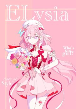 Rule 34 | 1girl, beret, bouquet, breasts, character name, commentary, cover, diamond-shaped pupils, diamond (shape), dress, earrings, elf, elysia (hi love elf) (honkai impact), elysia (honkai impact), english commentary, english text, fake magazine cover, flower, gloves, hat, heart, heart earrings, holding, holding bouquet, honkai (series), honkai impact 3rd, jewelry, large breasts, lela (serendipity cae), long hair, magazine cover, multicolored hair, pink background, pink dress, pink hair, pointy ears, purple eyes, smile, solo, symbol-shaped pupils, thighhighs, two-tone hair, very long hair, white gloves, white hair, white thighhighs