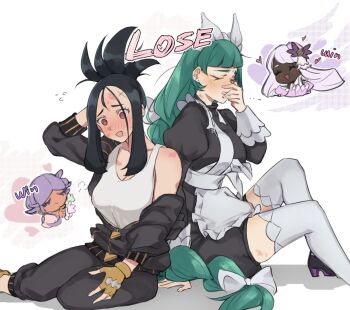 >_< 4girls apron black_hair black_romper black_track_suit blunt_bangs blush bow braid braided_ponytail breasts brown_eyes cleavage closed_eyes closed_mouth collarbone commentary cross_scar dark-skinned_female dark_skin dendra_(pokemon) dress english_commentary fascinator gloves green_hair highres jacinthe_(pokemon) jacket juliet_sleeves lebanne_(pokemon) lipstick lipstick_mark long_braid long_hair long_sleeves maid maid_apron maid_headdress makeup mega_stone multiple_girls nintendo open_mouth pokemon pokemon_legends:_z-a pokemon_sv puffy_sleeves purple_dress purple_hair romper scar scar_on_face scar_on_forehead smile tank_top tencryingemojis thighhighs track_jacket track_suit tulip_(pokemon) turtleneck turtleneck_jacket very_dark_skin white_bow white_gloves white_tank_top white_thighhighs yuri