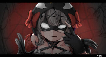 1girl animal_hood artist_name black_gloves breasts commentary fang fingerless_gloves gloves grey_hair hair_ornament highres hololive hood large_breasts letterboxed looking_at_viewer mask niggy_(niggy138) orca_hood sakamata_chloe sakamata_chloe_(1st_costume) solo virtual_youtuber x_hair_ornament