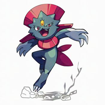 Rule 34 | black fur, claws, gen 4 pokemon, looking at viewer, mistray-art, nintendo, numbered, open mouth, pokemon, pokemon (creature), red eyes, red fur, signature, simple background, solo, two-tone fur, weavile, white background