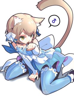 1boy absurdres animal_ear_fluff animal_ears arm_ribbon back_bow bell black_pantyhose blue_collar blue_dress blue_ribbon blue_thighhighs bow brown_hair cat_boy cat_ears cat_tail collar collarbone crossdressing crossdressing_(mtf) detached_sleeves dot_nose dress felix_argyle frilled_dress frilled_sleeves frills hair_between_eyes highres male_focus mars_symbol neck_bell pantyhose re:zero_kara_hajimeru_isekai_seikatsu ribbon shadow short_dress short_hair simple_background sitting solo speech_bubble spoken_mars_symbol striped_bow striped_clothes striped_thighhighs tail thighhighs trap two-tone_dress two-tone_thighhighs ura_ura_(ktke5457) wariza white_background white_bow white_dress white_sleeves white_thighhighs yellow_eyes