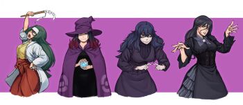 4girls arm_up ball black_corset black_dress black_hair breasts cape channeler_(pokemon) closed_mouth colored_tips commentary corset crazy_eyes cropped_legs crystal_ball dress earrings english_commentary fingernails green_hair hand_on_own_hip hat headband hex_maniac_(pokemon) hex_maniac_(pokemon_legends:_z-a) hex_maniac_(pokemon_rse) holding holding_ball holding_poke_ball index_fingers_together jacket japanese_clothes jewelry kimono lips long_hair medium_hair multicolored_hair multiple_girls neck_ribbon nintendo open_clothes open_jacket open_mouth pale_skin poke_ball poke_ball_(basic) pokemon pokemon_lgpe pokemon_rse purple_cape purple_eyes purple_hair purple_hat red_hair red_sash ribbon sash simple_background smile teeth wavy_mouth white_headband white_jacket witch_hat yellow_eyes zomboyaku