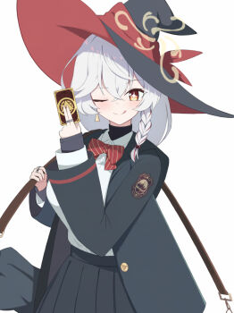 Rule 34 | 1girl, black jacket, blue archive, blush, bow, breasts, card, collared shirt, commentary request, diagonal-striped bow, diagonal-striped clothes, eri (blue archive), hair between eyes, halo, hat, hat ribbon, holding, holding card, jacket, jewelry, kuu002244, large breasts, long hair, long sleeves, looking at viewer, multiple rings, one eye closed, red eyes, red ribbon, ribbon, ring, shirt, simple background, smile, striped bow, striped clothes, tilted halo, upper body, white background, white shirt, witch hat, yellow halo