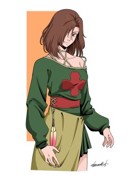 Rule 34 | 1girl, brown eyes, brown hair, closed mouth, commentary, dark souls (series), dark souls ii, dress, emerald herald, english commentary, expressionless, feathers, fingernails, foot out of frame, green dress, hair over one eye, hermitk, highres, long sleeves, looking at viewer, medium hair, red sash, sash, short dress, signature, single off shoulder, skirt, solo, white background, yellow skirt