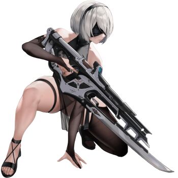 1girl 2b_(nier:automata) 2b_(yorha_unofficial_waterfront_gear)_(nikke) :&lt; alternate_costume black_hairband black_one-piece_swimsuit black_thighhighs blindfold breasts bumcha collarbone crossover curvy full_body goddess_of_victory:_nikke hairband highleg highleg_one-piece_swimsuit highres holding holding_weapon large_breasts medium_hair narrow_waist nier:automata nier_(series) non-web_source official_alternate_costume official_art one-piece_swimsuit pelvic_curtain see-through_clothes see-through_pelvic_curtain single_thighhigh skindentation squatting swimsuit thick_thighs thigh_strap thighhighs thighs thong thong_one-piece_swimsuit transparent_background underboob weapon white_hair wide_hips