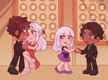 brown_eyes brown_hair claude_von_riegan cyril_(fire_emblem) dress edelgard_von_hresvelg fire_emblem fire_emblem:_three_houses formal_clothes green_eyes highres lysithea_von_ordelia nintendo pink_eyes purple_dress purple_eyes red_dress rzuu suit third-party_source white_hair