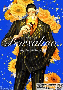 1boy 2025 black_hair blue_background brown_necktie character_name closed_eyes collared_shirt cowboy_shot daisy_(flower) dated english_text flower hand_in_pocket happy_birthday haruichi8 holding holding_flower kizaru_(one_piece) male_focus necktie one_piece rose shirt short_hair smile striped_clothes sunglasses twitter_username vertical-striped_clothes vertical-striped_suit yellow_flower yellow_rose yellow_shirt