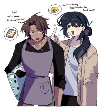 2boys apron black_eyes black_hair black_pants black_shirt bread bread_slice brown_cardigan brown_hair cardigan cowboy_shot eggs_benedict english_text food fried_egg fried_egg_on_toast hair_bun hair_ornament hair_stick heathcliff_(project_moon) highres hong_lu_(project_moon) index_finger_raised jewelry laundry_basket limbus_company low_ponytail multiple_boys nantekottawo!! necklace open_mouth pants parted_bangs ponytail project_moon purple_apron ring ring_necklace shirt smile sparkle toast v-neck white_shirt