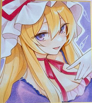 Rule 34 | 1girl, blonde hair, breasts, choker, cleavage, commentary, dress, gloves, hat, hat ribbon, highres, large breasts, long hair, looking at viewer, mob cap, moni monico, open mouth, purple dress, purple eyes, red ribbon, ribbon, ribbon choker, shikishi, smile, solo, touhou, traditional media, untranslatable commentary, white gloves, white hat, yakumo yukari