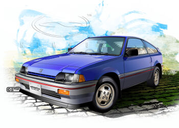 Rule 34 | 2025, abstract background, artist name, blue car, car, cobblestone, commentary request, copyright notice, dated, honda, honda cr-x, license plate, logo, motor vehicle, nimbus goldbrum, no humans, original, product placement, realistic, right-hand drive, shadow, simple background, sports car, steering wheel, vehicle focus, watermark, white background