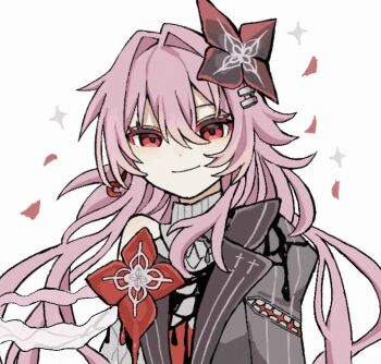 Rule 34 | 1girl, closed mouth, collar, commentary request, earrings, evernight (honkai: star rail), flower, hair between eyes, hair ornament, hairclip, honkai: star rail, honkai (series), jewelry, layered clothes, light smile, long hair, looking at viewer, march 7th (honkai: star rail), petals, pink hair, red hair, simple background, single bare shoulder, single earring, sparkle, tori26