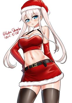 Rule 34 | 1girl, absurdres, alternate costume, bandeau, belt, black belt, black thighhighs, blonde hair, blue eyes, breasts, elbow gloves, fur-trimmed bandeau, fur-trimmed headwear, fur-trimmed skirt, fur trim, gloves, graf zeppelin (kancolle), hair between eyes, hat, highres, kantai collection, katou shinobu, large breasts, long hair, looking at viewer, midriff, miniskirt, navel, red bandeau, red gloves, red hat, red skirt, santa costume, santa hat, sidelocks, skirt, solo, thighhighs, twintails