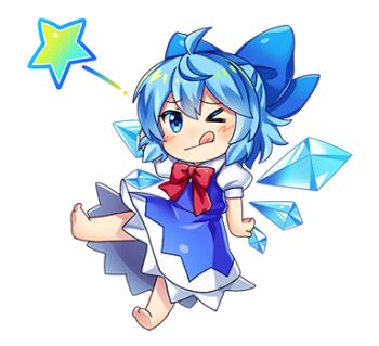 Rule 34 | > o, 1girl, :q, barefoot, blue bow, blue dress, blue eyes, blue hair, bow, bowtie, chibi, chibi only, cirno, collared shirt, detached wings, dress, hair bow, ice, ice wings, looking at viewer, lowres, official art, one eye closed, pinafore dress, puffy short sleeves, puffy sleeves, red bow, red bowtie, rotte (1109), second-party source, shirt, short sleeves, sleeveless, sleeveless dress, solo, star (symbol), sticker (medium), tongue, tongue out, touhou, touhou lostword, transparent background, white shirt, wings