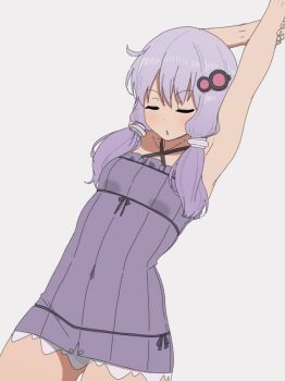 1girl arms_up braid breasts commentary_request covered_navel cowboy_shot dress elel185 gluteal_fold halterneck low_twin_braids microdress purple_dress purple_hair ribbed_sweater small_breasts solo stretching sweater twin_braids voiceroid yuzuki_yukari