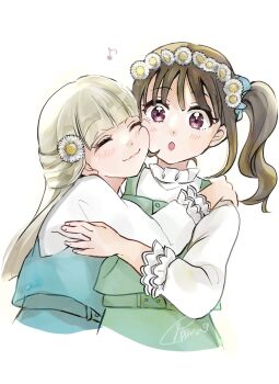 Rule 34 | :o, ^ ^, alice-yuki, aqua dress, blonde hair, brown hair, cheek-to-cheek, choppy bangs, closed eyes, closed mouth, commentary request, cropped torso, dress, flower, green dress, hair flower, hair ornament, half updo, hand on another's shoulder, happy, head wreath, heads together, highres, hug from side, light blush, long hair, long sleeves, looking at viewer, medium hair, musical note, nekoyashiki mayu, nekoyashiki yuki, open mouth, pinafore dress, pink eyes, precure, shirt, side ponytail, simple background, sleeveless, sleeveless dress, smile, straight hair, white background, white shirt, wonderful precure!, yuri