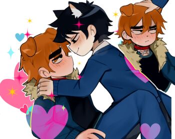 2boys animal_ears black_eyes black_hair blue_sweater blush cat_boy cat_ears collar commentary dog_boy dog_ears evygur0 extra_ears eye_contact fur-trimmed_jacket fur_trim headpat heart highres jacket kemonomimi_mode long_sleeves looking_at_another male_focus multiple_boys multiple_views orange_hair red_collar scott_pilgrim scott_pilgrim_(series) scott_pilgrim_takes_off short_hair simple_background sweater wallace_wells white_background yaoi