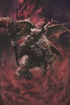 body_horror cane commentary_request elden_ring elden_ring_nightreign eldritch_abomination extra_eyes full_body graffitigw highres holding holding_cane monster monster_focus no_humans red_eyes teeth traitorous_straghess_(elden_ring) weapon wings