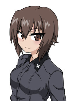 1girl absurdres black_collar breasts brown_eyes brown_hair collar cross eyes_visible_through_hair girls_und_panzer grey_shirt hair_between_eyes highres iron_cross kuromorimine_school_uniform large_breasts long_sleeves looking_at_viewer myon2 nishizumi_maho school_uniform shirt simple_background smile solo upper_body white_background wing_collar