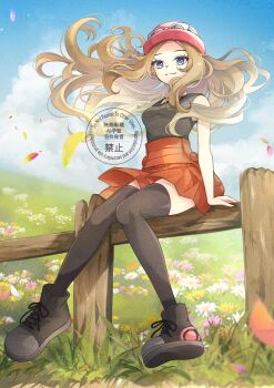 Rule 34 | 1girl, black shirt, black thighhighs, blonde hair, blue eyes, blue sky, breasts, closed mouth, cloud, commentary request, eyewear on headwear, fence, flower, hat, long hair, looking at viewer, nintendo, outdoors, pink hat, pokemon, pokemon xy, red hat, red skirt, serena (pokemon), shirt, sitting, skirt, sky, sleeveless, sleeveless shirt, smile, solo, sunglasses, thighhighs, white-framed eyewear, wooden fence, yomogi (black-elf)
