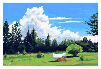aircraft airplane artist_name blue_sky border cloud commentary contrail day english_commentary fangpeii highres jet_airliner landscape meadow nature no_humans original outdoors scenery signature sky tent tree white_border