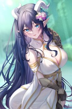 1girl armor black_gloves blue_eyes blue_hair breasts cleavage cleavage_cutout clothing_cutout commission dress elf fingerless_gloves flower gloves hair_flower hair_ornament highres horns large_breasts long_hair looking_at_viewer original parted_lips pauldrons pointy_ears rasuku_(rsfroar) shoulder_armor single_pauldron skeb_commission solo upper_body vambraces wet white_dress white_flower white_horns