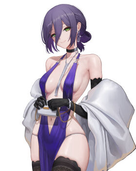 1girl bag bare_shoulders black_choker black_gloves black_hair black_thighhighs blue_dress breasts chainsaw_man choker closed_mouth collarbone commentary cow dress gloves green_eyes hair_between_eyes hair_rings handbag highres holding holding_bag long_hair_between_eyes long_long_life looking_at_viewer medium_breasts navel pelvic_curtain reze_(chainsaw_man) simple_background single_hair_ring skindentation smile solo thighhighs white_background