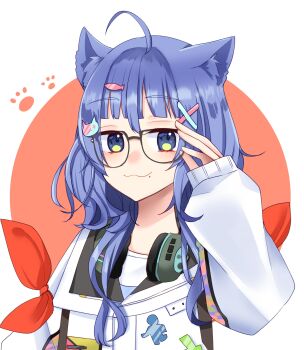 :3 absurdres adjusting_eyewear ahoge animal_ears blue_eyes blue_hair cat_ears cat_girl cat_hair_ornament character_request closed_mouth commentary_request fish_hair_ornament glasses hair_ornament hairclip hand_up headphones headphones_around_neck highres indie_virtual_youtuber looking_at_viewer mole mole_under_mouth orange_background paw_print sakura_yuto smile solo upper_body