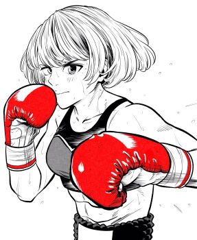 1girl abs bob_cut boxing boxing_gloves boxing_shorts breasts collarbone commentary_request fighting_stance gloves greyscale highres lee_(dragon_garou) midriff monochrome original red_gloves serious short_hair shorts small_breasts solo sports_bra spot_color toned toned_female upper_body