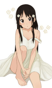 1girl akiyama_mio alternate_costume andreypavlow barefoot black_eyes black_hair blush breasts cleavage collarbone commentary dress feet flower hair_flower hair_ornament highres k-on! knee_up long_hair looking_at_viewer pout sidelocks simple_background sitting sleeveless sleeveless_dress solo sundress white_background white_dress