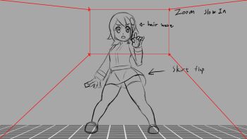 1girl animated animated_gif animatic anythinggoes arrow_(symbol) black_&amp;_white capcom crossover english_text flowing_skirt kill_la_kill loli mayl_sakurai_(mega_man) mega_man_battle_network panties pantyshot standing storyboard thighhighs underwear upskirt