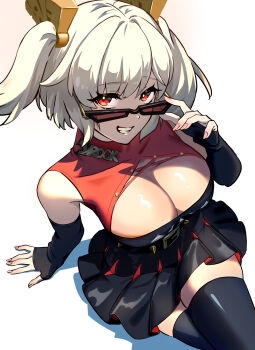 Rule 34 | 1girl, absurdres, black jacket, black skirt, black thighhighs, black tube top, blonde hair, breasts, burnice white, cleavage, clenched teeth, crossed legs, elbow gloves, fingerless gloves, gloves, highres, jacket, looking over eyewear, mal to mal, pleated skirt, red-tinted eyewear, red eyes, sitting, skirt, solo, strapless, sunglasses, teeth, thighhighs, tinted eyewear, tube top, two side up, white background, zenless zone zero