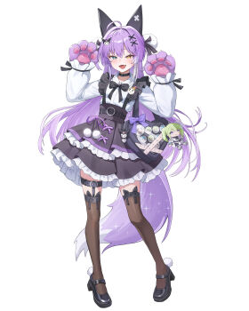 Rule 34 | 1girl, absurdres, ahoge, animal ears, animal hands, arahashi tabi, ayatsuno yuni, bag, belt around waist, black bag, black bow, black bowtie, black collar, black shoes, black skirt, blue eyes, bow, bowtie, brown thighhighs, character badge, character doll, collar, commentary, doll, ear covers, fang, fox ears, fox girl, fox tail, frilled skirt, frills, full body, gloves, hair ornament, hair ribbon, handbag, heart-shaped bag, heterochromia, high-waist skirt, highres, inari (tenko shibuki), kuromi, long hair, long sleeves, multicolored hair, my melody (series), open mouth, paw gloves, pom pom (clothes), pom pom footwear, pom pom hair ornament, purple bow, purple bowtie, purple hair, purple ribbon, ribbon, sanrio, shirt, shoes, simple background, skin fang, skirt, solo, stellive, suis (suis022511), tail, tenko shibuki, thigh strap, thighhighs, very long hair, virtual youtuber, white background, white hair, white shirt, x hair ornament, yellow eyes, yuzuha riko