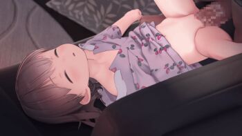 1boy 1girl 3d age_difference animated animated_gif blush bottomless brown_hair censored closed_eyes clothes_lift custom_udon deep_penetration flat_chest food_print fruit_print hetero loli long_sleeves looping_animation missionary navel original pajamas parted_lips penis print_pajamas purple_shirt rape sex shirt shirt_lift short_hair sleep_molestation sleeping solo_focus spread_legs stomach_bulge strawberry_print vaginal