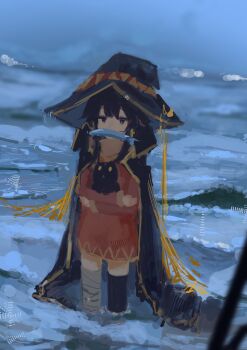 1girl absurdres animal asymmetrical_legwear bandaged_leg bandages black_hair black_hat black_robe black_thighhighs blue_sky cat chomusuke commentary dress fish_in_mouth hat highres holding holding_animal holding_cat jitome kono_subarashii_sekai_ni_shukufuku_wo! koukouya megumin mismatched_legwear no_nose ocean outdoors red_dress robe sky solo thighhighs wading witch_hat