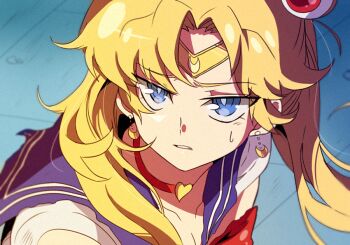 1girl bad_id bad_twitter_id bishoujo_senshi_sailor_moon blonde_hair blue_eyes blue_sailor_collar bow bowtie choker circlet commentary crescent crescent_earrings derivative_work double_bun earrings english_commentary gurepyon hair_bun heart heart_choker jewelry looking_to_the_side magical_girl meme parted_bangs red_bow red_bowtie sailor_collar sailor_moon sailor_moon_redraw_challenge_(meme) sailor_senshi_uniform screenshot_redraw signature solo sweatdrop tsukino_usagi twintails