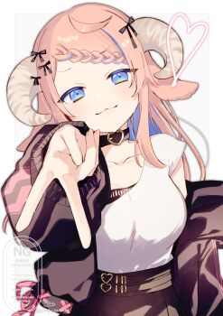 Rule 34 | 1girl, :3, absurdres, ahoge, black bow, black collar, black jacket, black skirt, blue eyes, blue hair, border, bow, braid, braided bangs, breasts, buckle, closed mouth, collar, collarbone, commentary request, earrings, grey background, hair bow, head tilt, heart, heart-shaped buckle, highres, horns, jacket, jewelry, long hair, long sleeves, looking at viewer, medium breasts, multicolored hair, off shoulder, open clothes, open jacket, original, pink hair, pleated skirt, puffy long sleeves, puffy sleeves, shirt, signature, skirt, smile, sofra, solo, streaked hair, swept bangs, twitter username, two-tone hair, v, watermark, white border, white shirt