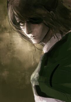 1other brown_background brown_eyes brown_hair cloak closed_mouth commentary_request eyepatch green_cloak hair_over_one_eye half_updo hange_zoe highres ican9102 looking_at_viewer medium_hair parted_bangs shingeki_no_kyojin shirt simple_background sketch solo upper_body white_shirt