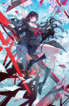 absurdres arm_cutout black_choker black_hair black_hat black_jacket black_serafuku black_shirt black_shoes black_skirt black_socks breasts chisa_(wuthering_waves) choker clothing_cutout commentary_request glass_shards hair_ribbon hat high_up highres jacket long_hair long_sleeves looking_at_viewer medium_breasts neckerchief paper parted_lips red_eyes red_neckerchief red_ribbon ribbon sagi_(sagi_0116) sailor_collar school_uniform serafuku shirt shoes skirt smile socks sword tacet_mark_(wuthering_waves) thigh_strap weapon white_sailor_collar wuthering_waves