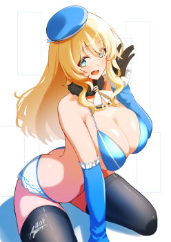 1girl adapted_costume atago_(kancolle) ayuman beret bikini black_gloves black_thighhighs blonde_hair blue_bikini blue_hat blush breasts cleavage collarbone fur_collar gloves green_eyes hat highres kantai_collection kneeling large_breasts looking_at_viewer open_mouth round_teeth simple_background smile solo swimsuit teeth thighhighs upper_teeth_only white_background