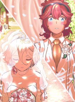 2girls ahoge alternate_hairstyle blue_eyes blush bouquet bridal_veil bride closed_eyes collar collarbone day dress female_focus flower formal_clothes groom gundam gundam_suisei_no_majo hairband highres lips long_hair mesmarique miorine_rembran multiple_girls necktie outdoors petals red_hair short_hair split_screen suit suletta_mercury thick_eyebrows tree veil wedding wedding_dress white_flower white_hair white_suit wife_and_wife yuri