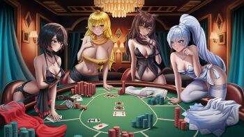 4girls absurdres animal_ears black_hair blake_belladonna blonde_hair blue_eyes breasts card cat_ears cat_girl cleavage d4nkira dress grey_eyes high_ponytail highres large_breasts lingerie medium_breasts multiple_girls navel poker poker_chip poker_table ponytail purple_eyes ruby_rose rwby shorts table thighhighs underwear undressing weiss_schnee white_hair yang_xiao_long yellow_eyes