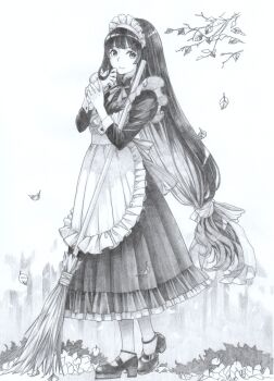 1girl apron block_heels branch closed_mouth commentary_request double-parted_bangs dress falling_leaves frilled_apron frills full_body graphite_(medium) greyscale hair_ribbon hands_up highres leaf long_hair long_sleeves looking_at_viewer low-tied_long_hair maid_apron maid_headdress mary_janes meeya monochrome neck_ribbon original outdoors petticoat pleated_dress ribbon shoes smile solo traditional_media very_long_hair walking