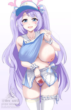 Rule 34 | 1girl, bare shoulders, blue archive, blue eyes, blush, breasts, clothes lift, commentary request, condom, condom wrapper, condom wrapper in clothes, fang, frilled thigh strap, gluteal fold, halo, hanae (blue archive), hanae (cheer squad) (blue archive), heart, heart halo, heart sticker, highleg, highleg panties, highres, ibara azuki, inverted nipples, large areolae, large breasts, lifting own clothes, long hair, looking at viewer, no bra, official alternate costume, one breast out, open mouth, panties, pink halo, pleated skirt, presenting, purple hair, purple panties, sagging breasts, shirt lift, skin fang, skindentation, skirt, skirt lift, sleeveless, sticker, sticker on face, thigh strap, thighhighs, two side up, underwear, visor cap, white skirt, white thighhighs, zettai ryouiki