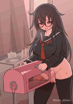 1futa animated animated_gif artist_name black_hair black_serafuku black_thighhighs blush bottomless breeding_mount brown_eyes censored futanari futanari_masturbation glasses long_hair masturbation mosaic_censoring open_mouth original precum precum_string school_uniform serafuku sex_toy shiwa_kou solo standing sweat testicles thighhighs