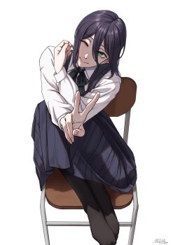 1girl black_dress black_pantyhose chainsaw_man chair closed_mouth dress fourth_east_high_school_uniform green_eyes hair_between_eyes highres knees_up long_sleeves matomo on_chair one_eye_closed pantyhose pinafore_dress purple_hair reze_(chainsaw_man) school_uniform shirt simple_background sleeveless sleeveless_dress solo white_background white_shirt